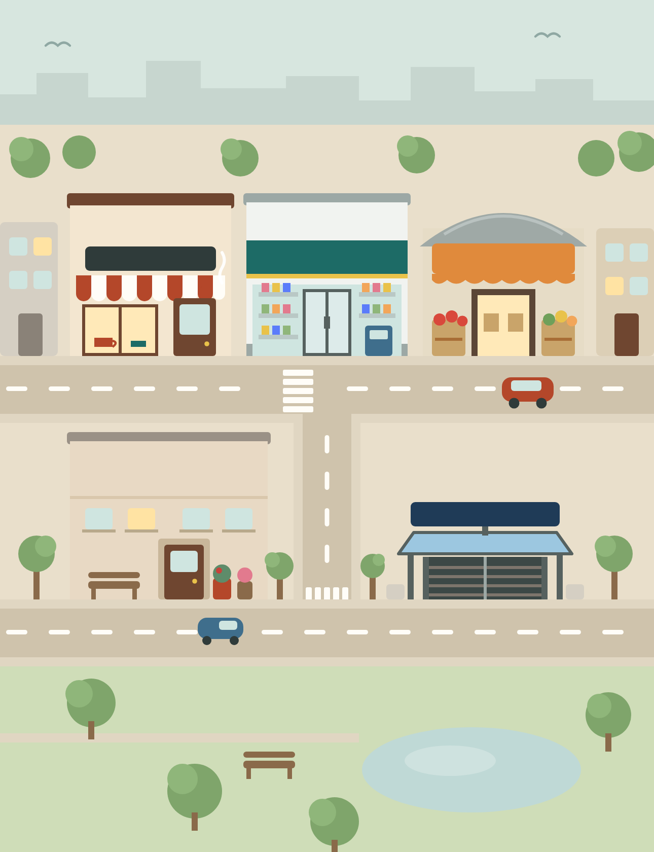 The town: a café, a corner store, a market, your building and a subway station.
